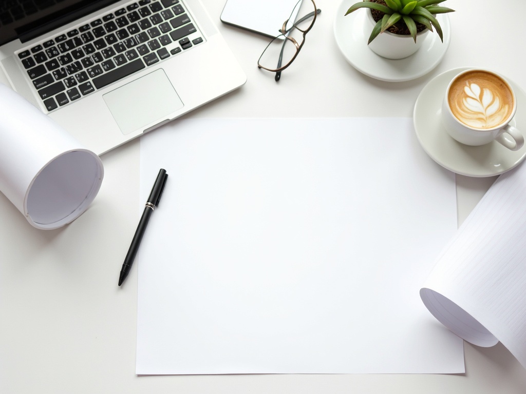 TGA-Pläne auf dem Tisch neben Tablet und Kaffeetasse während der Projektarbeit
