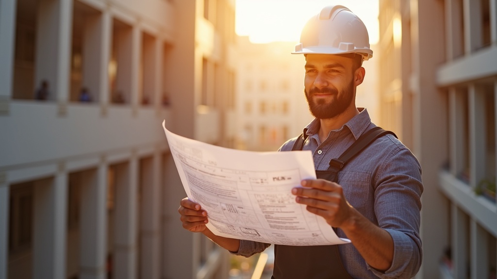Ingenieur erklärt Kolleginnen und Kollegen die technischen Pläne eines Gebäudes